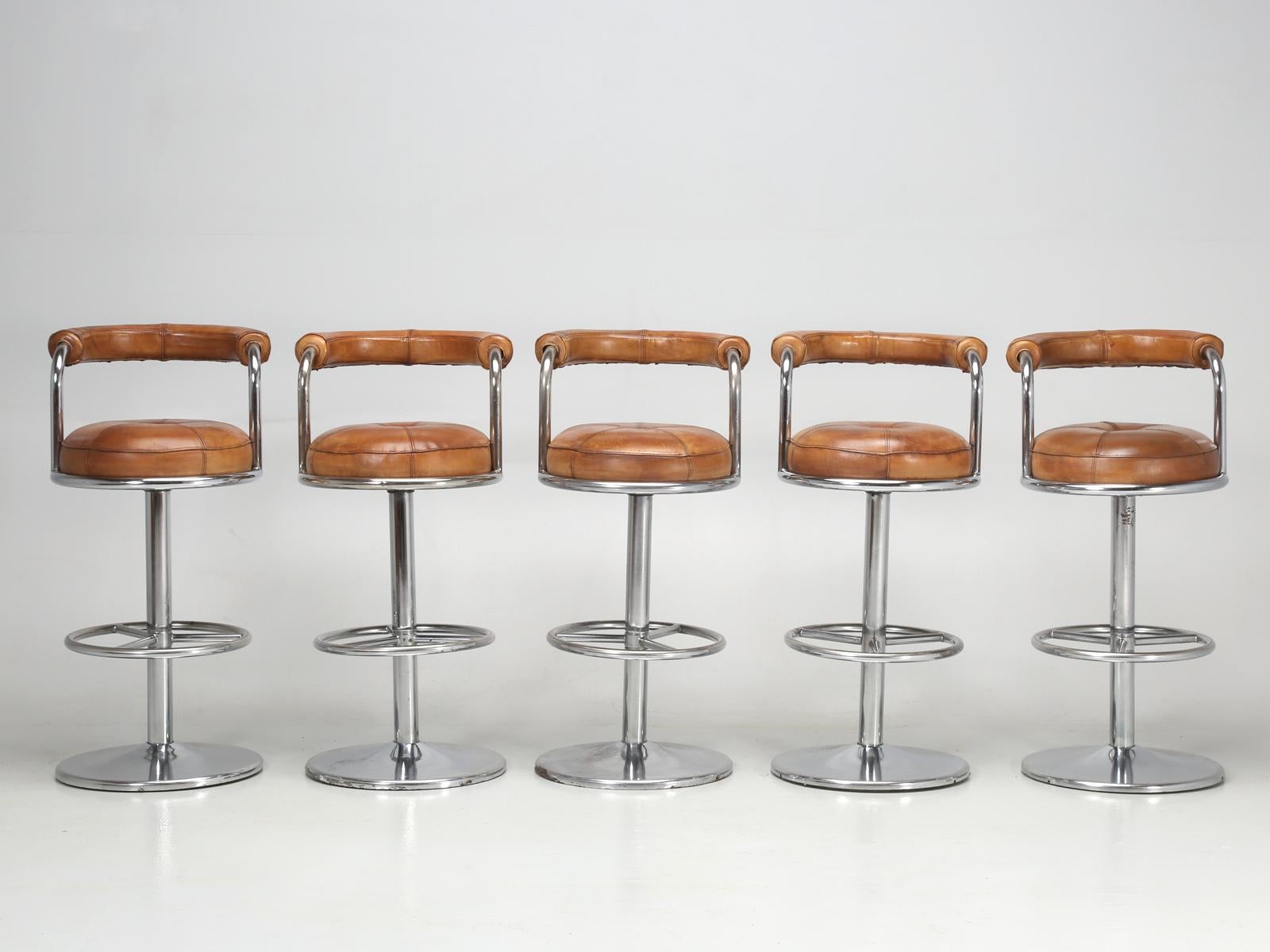 Set of (5) matching French leather and chrome bars stools, that were purchased in the South of France, a long time ago. The French selling dealer stated, that these French leather bar stools, had come from a Casino in Monaco, that was in the process