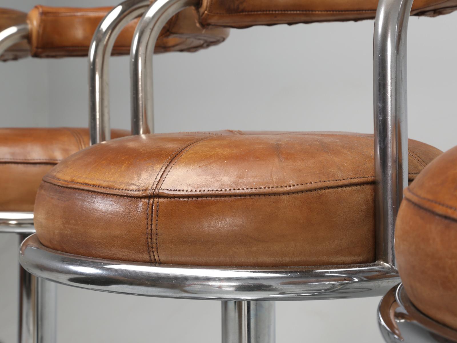 French Leather and Chrome, Mid-Century Modern Bar Stools, Set of 5 5