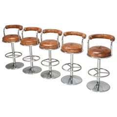 Vintage French Leather and Chrome, Mid-Century Modern Bar Stools, Set of 5