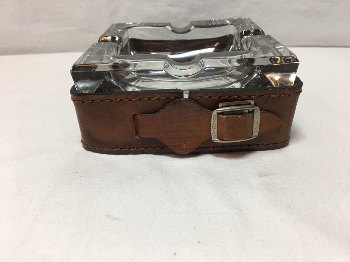 French Leather and Glass Ashtray Adnet Style from the 1960s In Good Condition In Frisco, TX