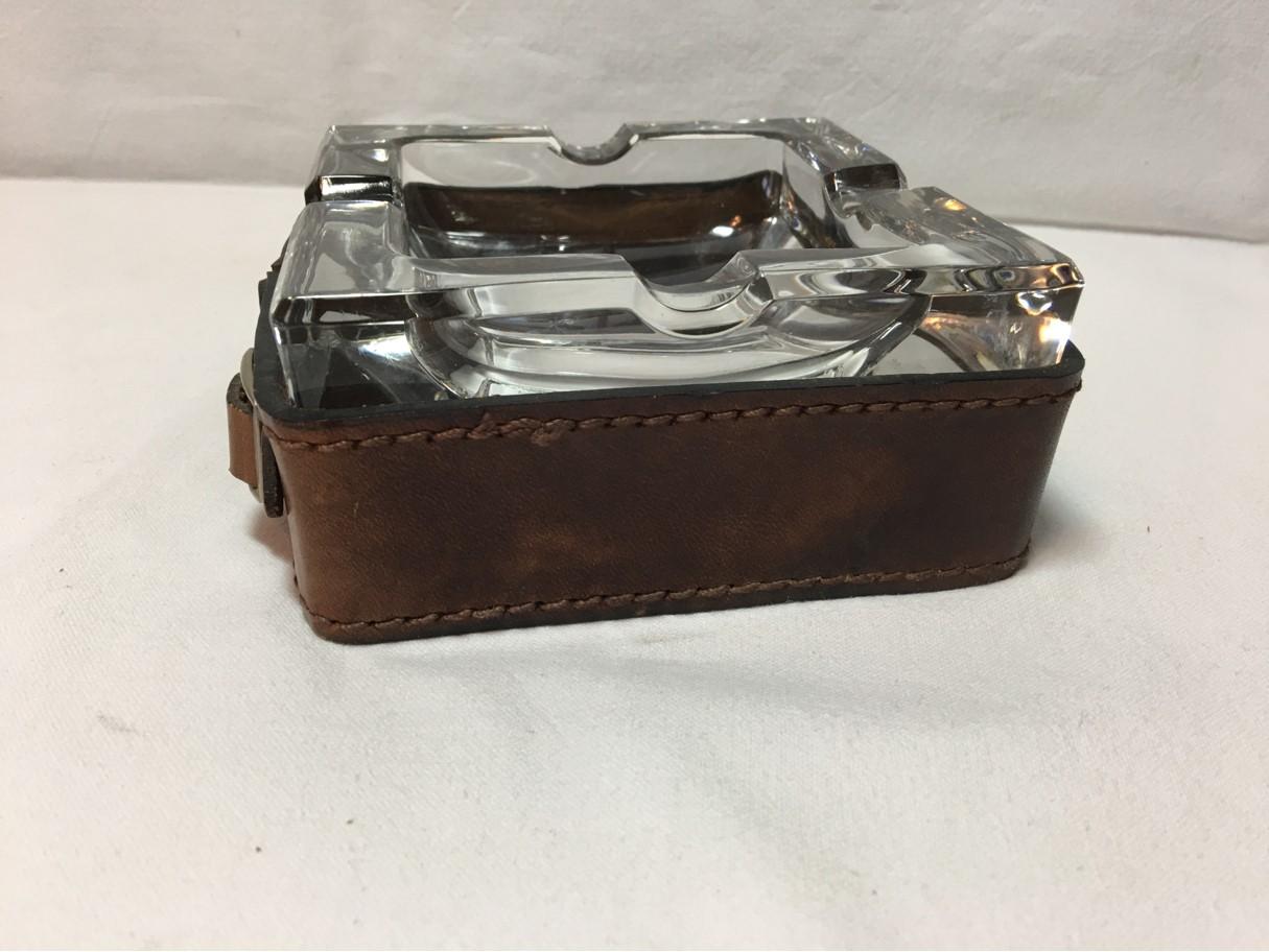 Mid-20th Century French Leather and Glass Ashtray Adnet Style from the 1960s