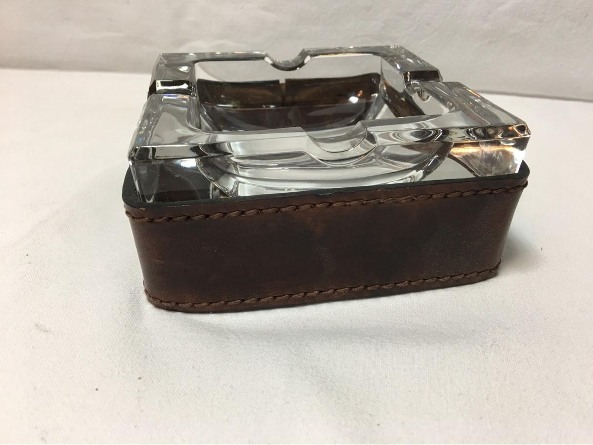 French Leather and Glass Ashtray Adnet Style from the 1960s 1