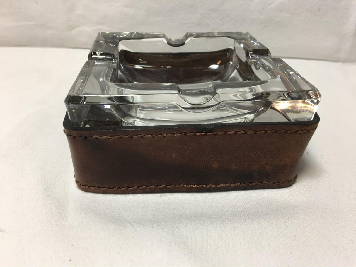 French Leather and Glass Ashtray Adnet Style from the 1960s 2