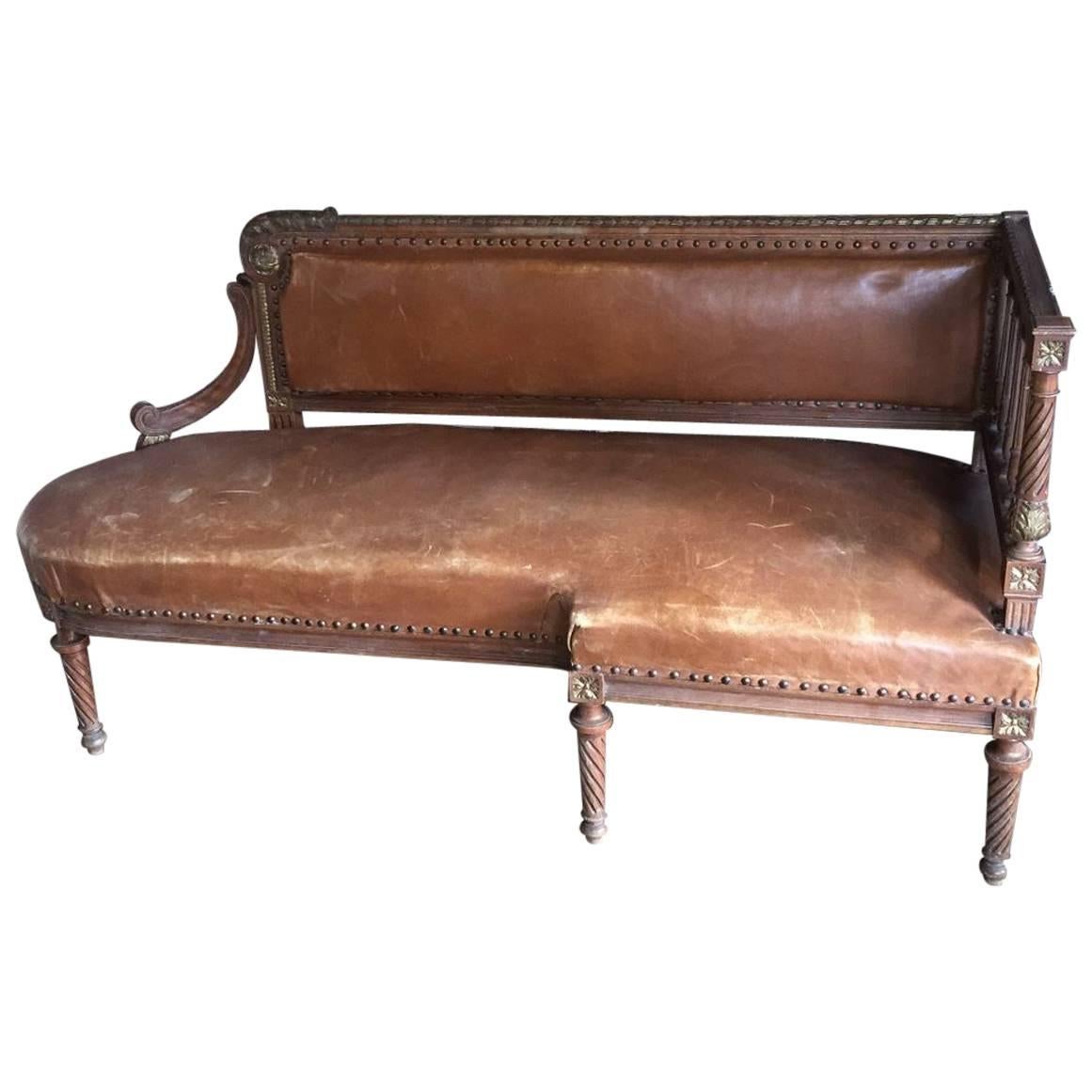 French Leather and Wood Corner Sofa from Late 19th Century For Sale