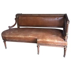 French Leather and Wood Corner Sofa from Late 19th Century