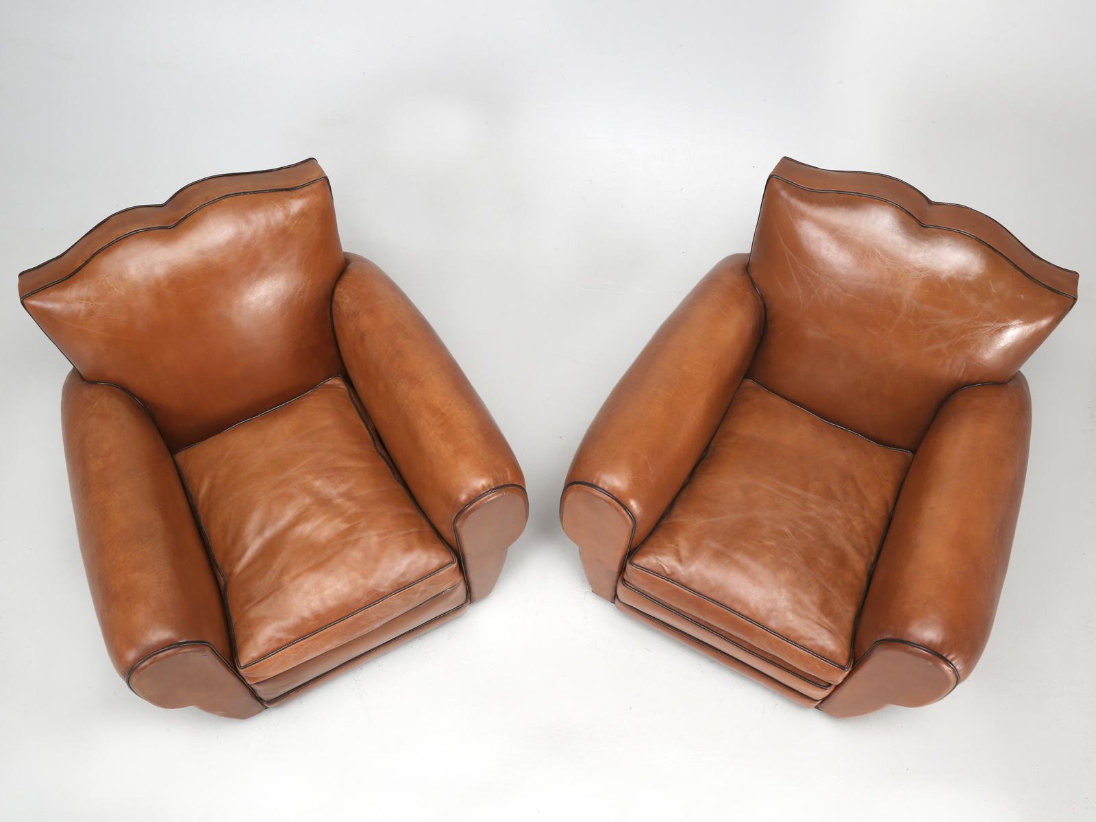 French Leather Art Deco Club Chairs, Restored from the Ground Up, circa 1930s In Excellent Condition In Chicago, IL