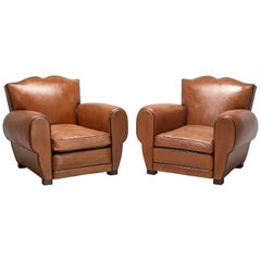french art deco club chairs French Leather Art Deco Club Chairs, Restored from the Ground Up, circa 1930s