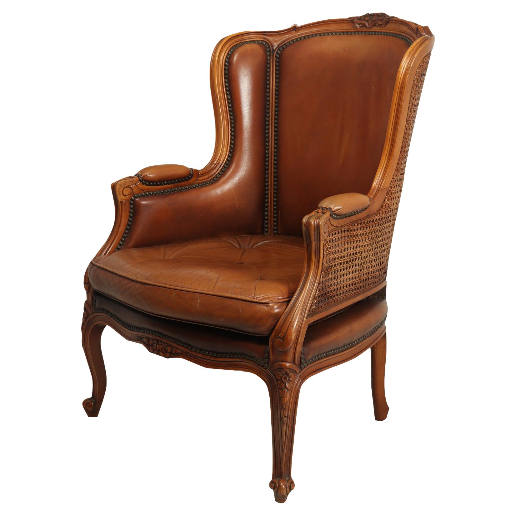 French Leather Bergere Chair Louis XV style