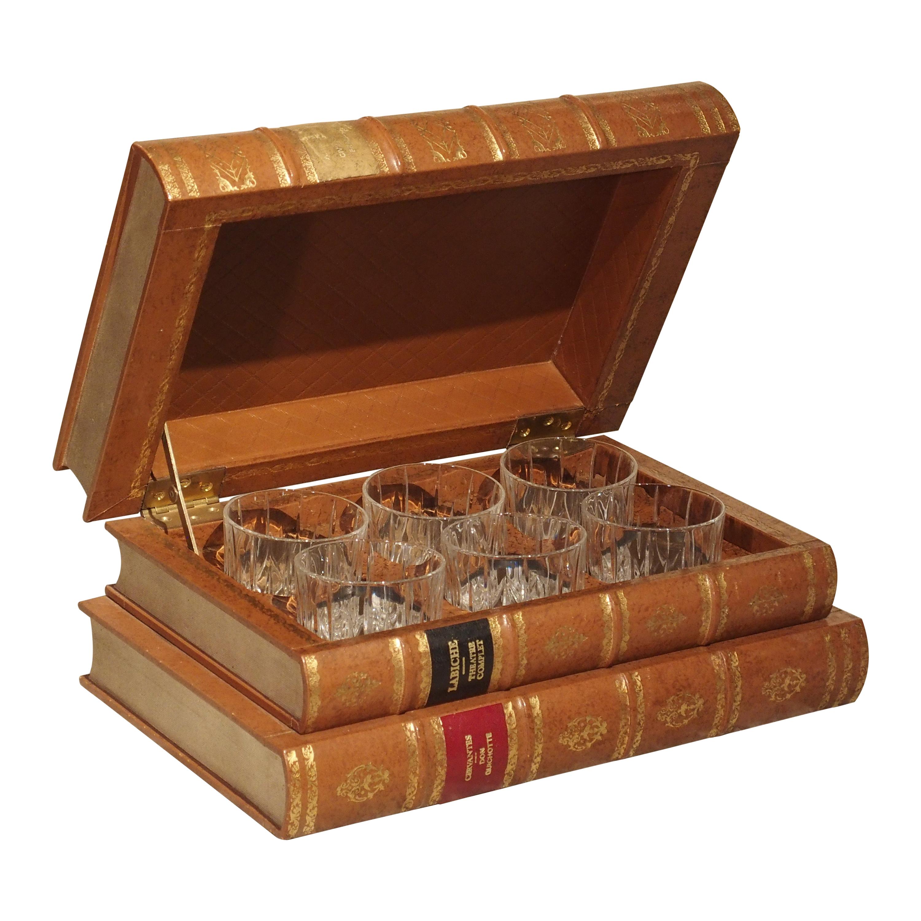 French Leather Bound Book Form Whiskey Set with Crystal Glasses, 20th Century