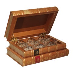 Vintage French Leather Bound Book Form Whiskey Set with Crystal Glasses, 20th Century