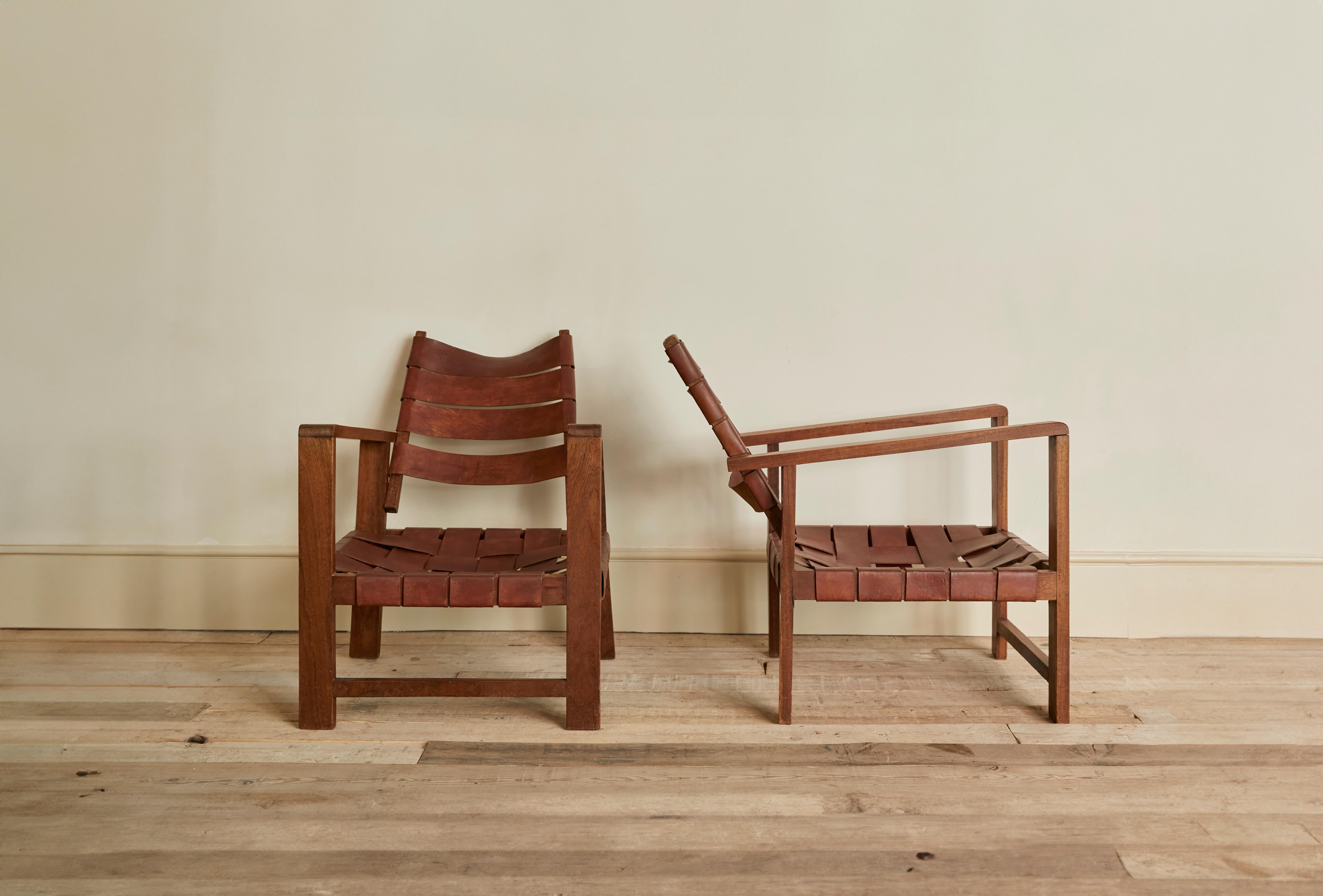 Mid-20th Century French leather braided archive chairs with wooden structure. Vintage For Sale