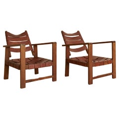 French leather braided archive chairs with wooden structure. Vintage
