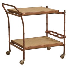 French Leather + Brass Bar Cart Attributed to Jacques Adnet, 1970s