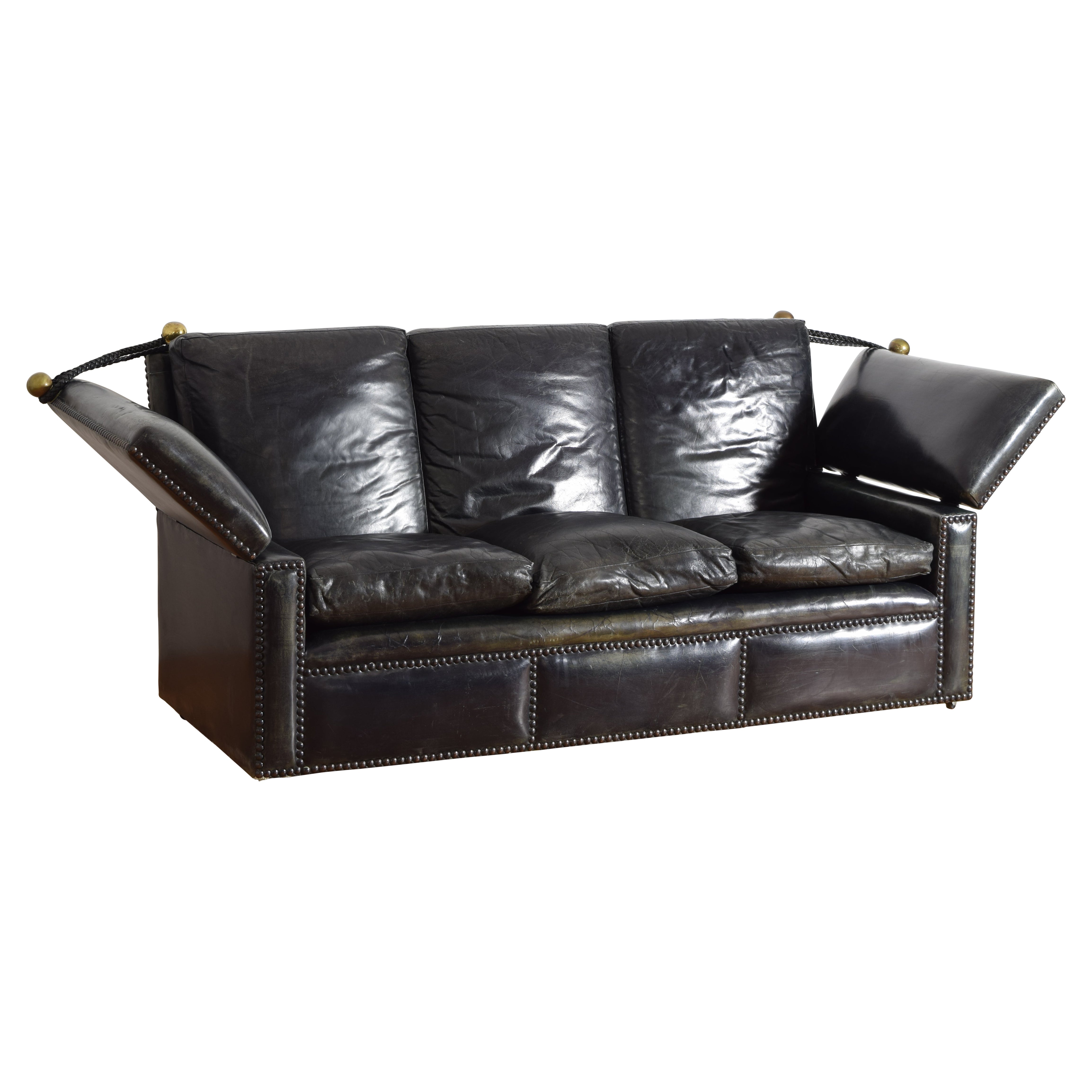 French Leather & Brass Upholstered Knole-Form Sofa, ca. 1960-1970 For Sale