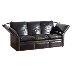 French Leather & Brass Upholstered Knole-Form Sofa, ca. 1960-1970