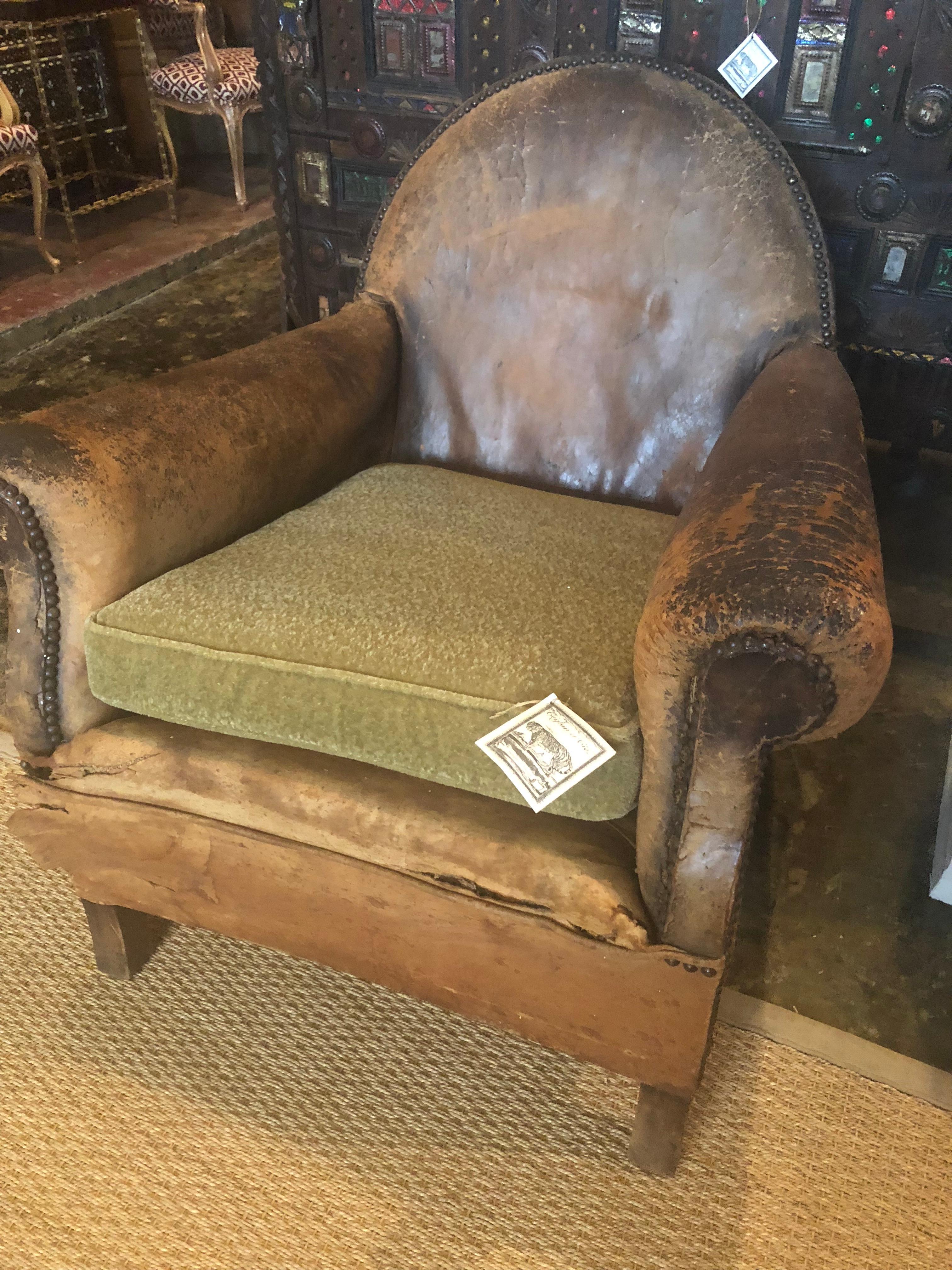 1930s French leather chair. Original leather with newly upholstered molinari cushion. Gentlemen's chair.