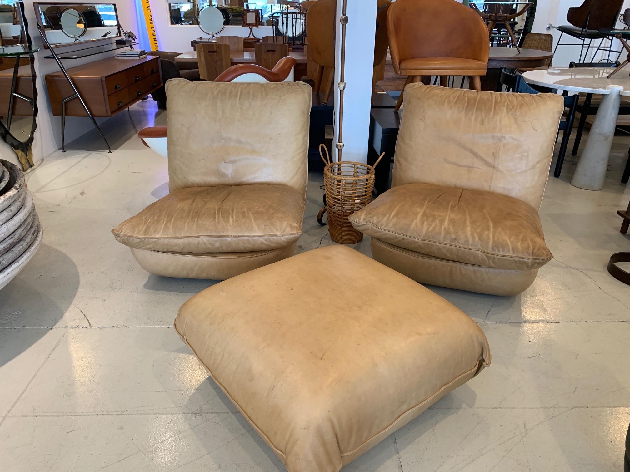 French Leather Chairs and Ottoman by Airborne In Good Condition In Beverly Hills, CA