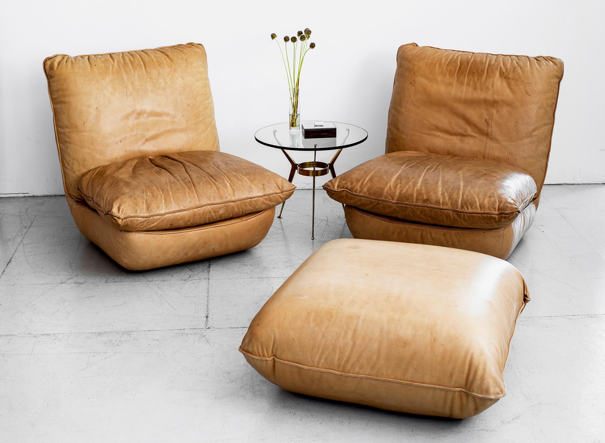 20th Century French Leather Chairs and Ottoman by Airborne