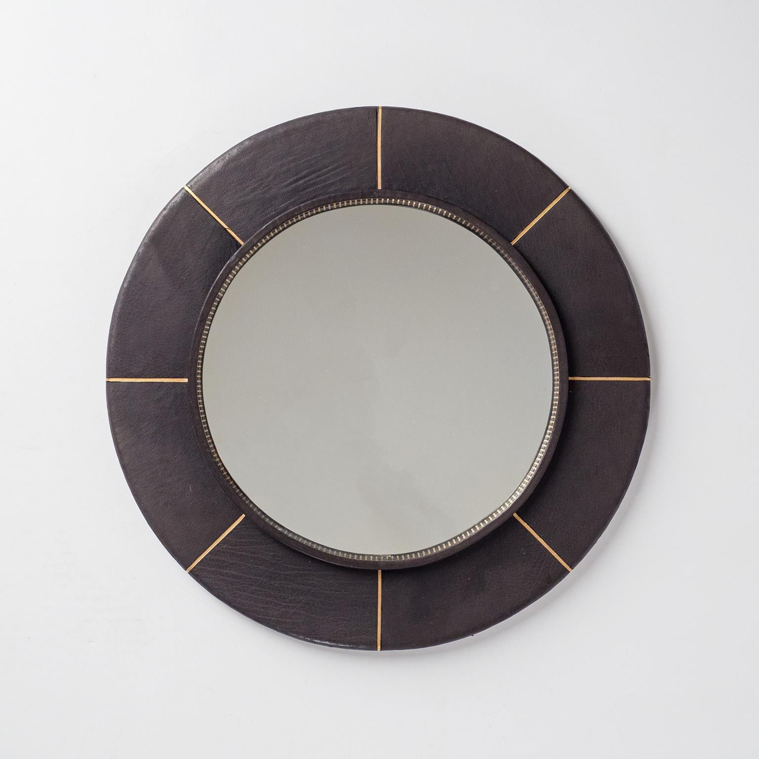 Late 20th Century French Leather-Clad Mirror, circa 1980