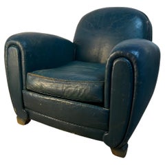 Vintage French Leather Club Chair , 1950’s Blue Duck