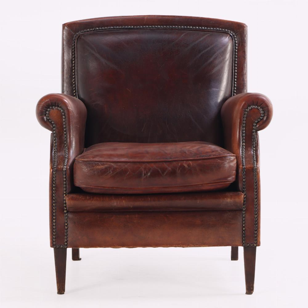 Metal French leather club chair, C. 1960.