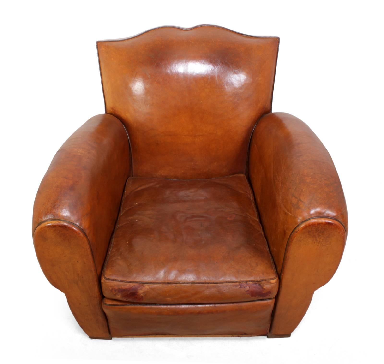 French Leather Club Chair, circa 1930 In Good Condition In Paddock Wood, Kent