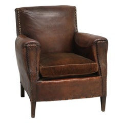 Antique French Leather Club Chair Cosmetically All Original Including the Velvet Seat