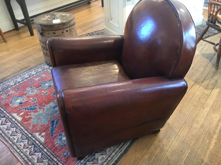 Circa 1930 - French leather club chair is pristine condition and very comfortable. Dimensions are not too large,just perfect! We have not bought a better, quality and condition chair in the last 3 years.