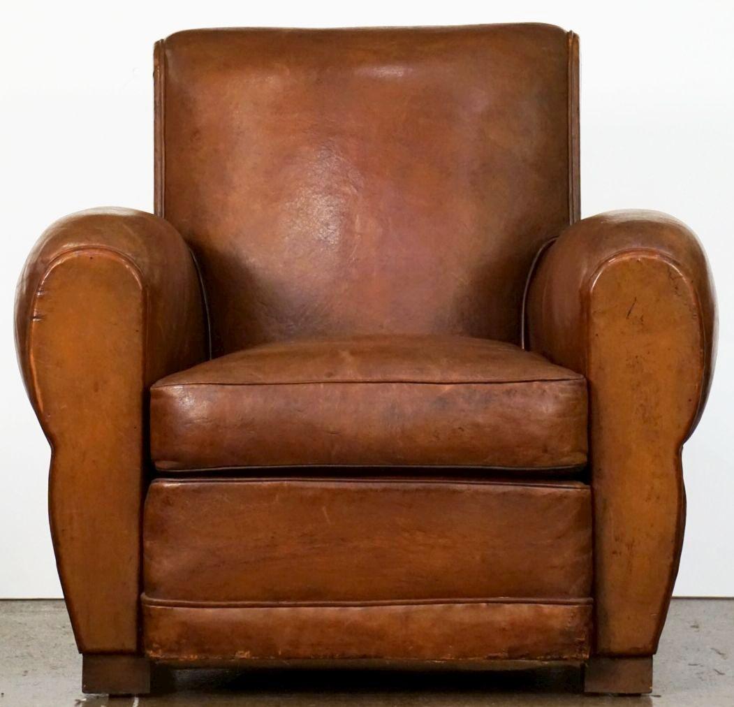 French Leather Club Chair from the Art Deco Era In Good Condition In Austin, TX