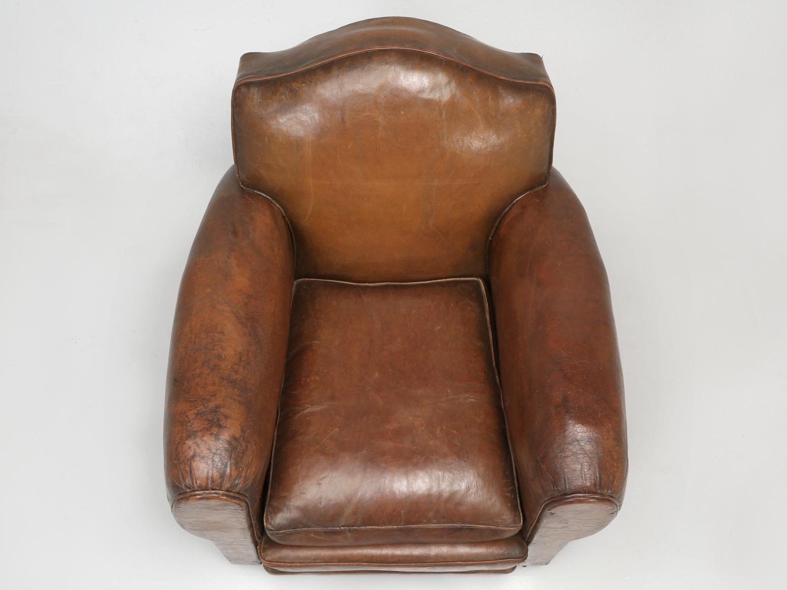 French Leather Club Chair from the Art Deco Period, Internally Restored Properly In Good Condition In Chicago, IL
