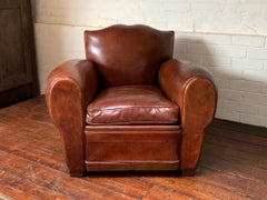 French Leather Club Chair Havana Moustache Lux Deep Seated Model Circa 1950’s