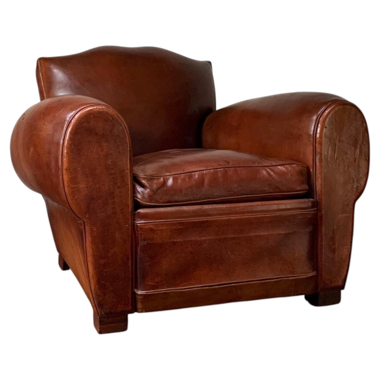 French Leather Club Chair Havana Moustache Lux Deep Seated Model Circa 1950’s
