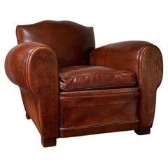 French Leather Club Chair Havana Moustache Lux Deep Seated Model Circa 1950’s