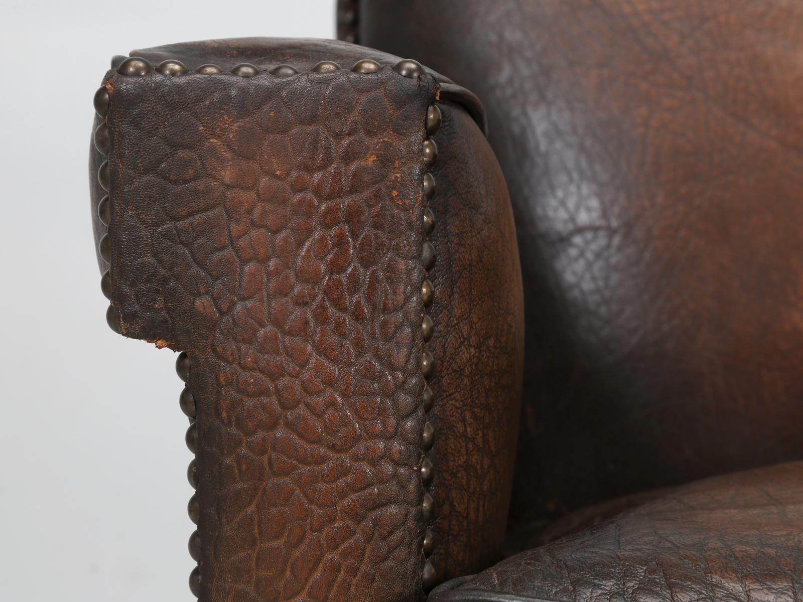 French Leather Club Chair in an Elephant Pattern Embossed Cowhide, Restored 4