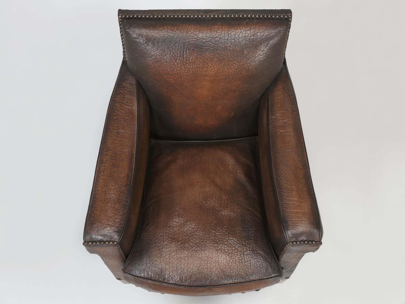 Hand-Crafted French Leather Club Chair in an Elephant Pattern Embossed Cowhide, Restored