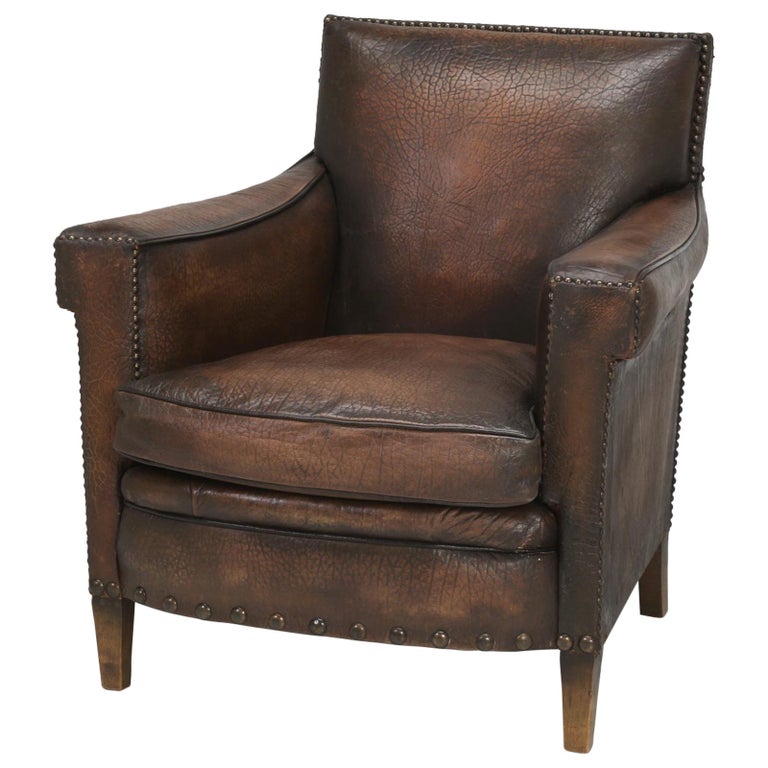 French Leather Club Chair in an Elephant Pattern Embossed Restored at 1stDibs