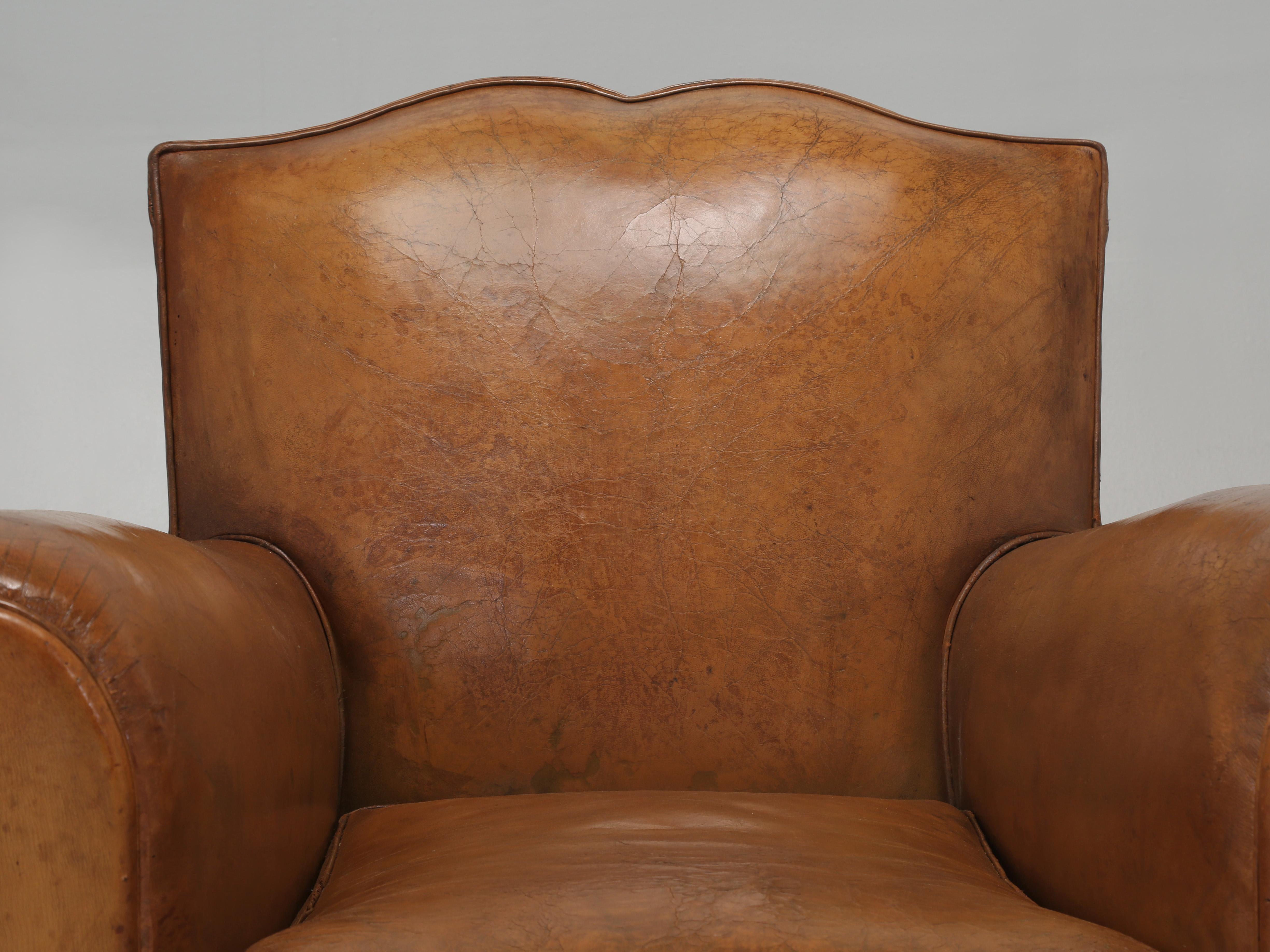 French Leather Club Chair that was internally extensively restored, while keeping the Leather original to the Club Chair. Our Old Plank Upholstery Department has been restoring French Leather Club Chairs for over 30-years. Our Old Plank Workshop