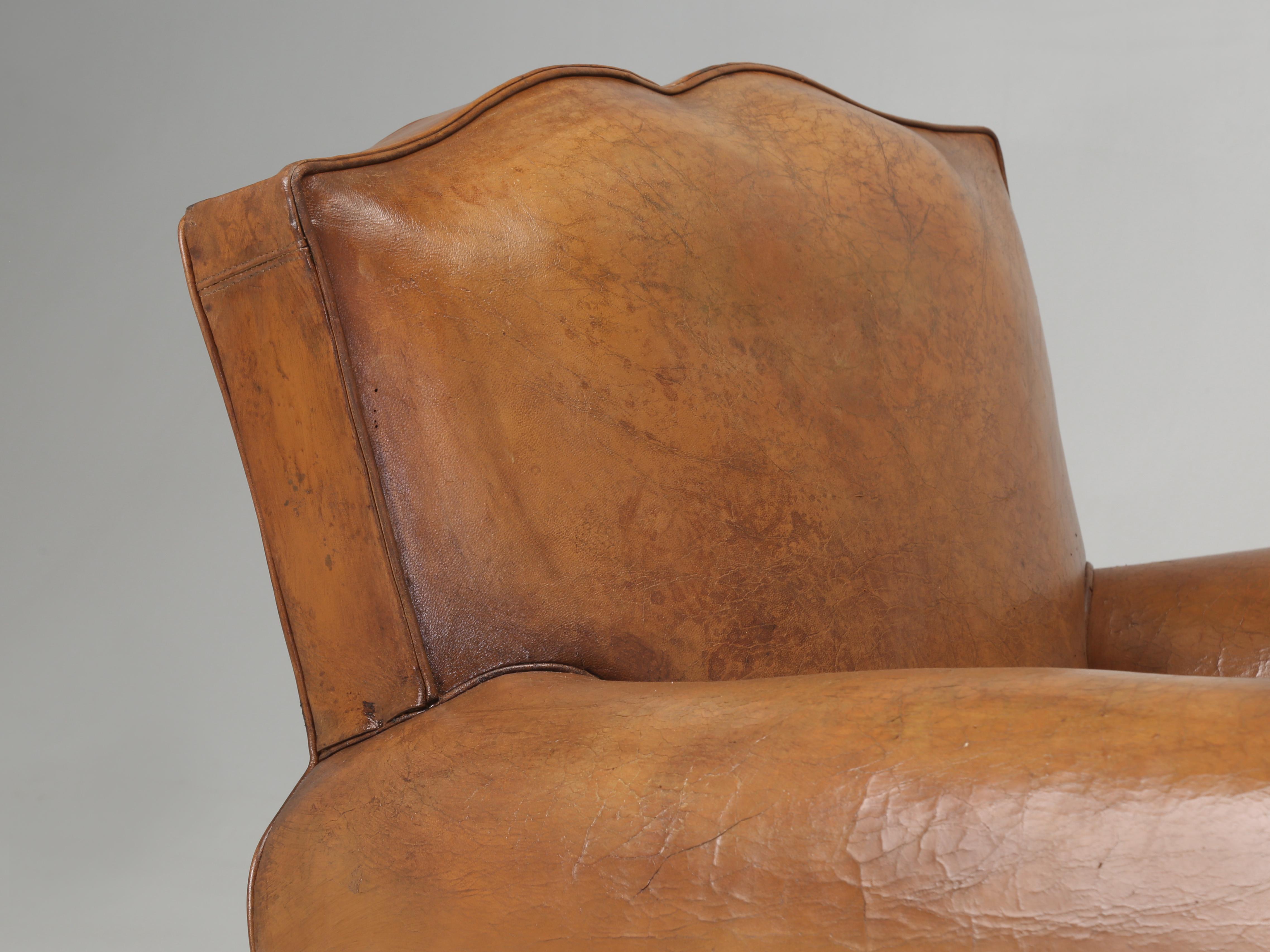 Hand-Crafted French Leather Club Chair Moustache Design Restored Internally Original Leather