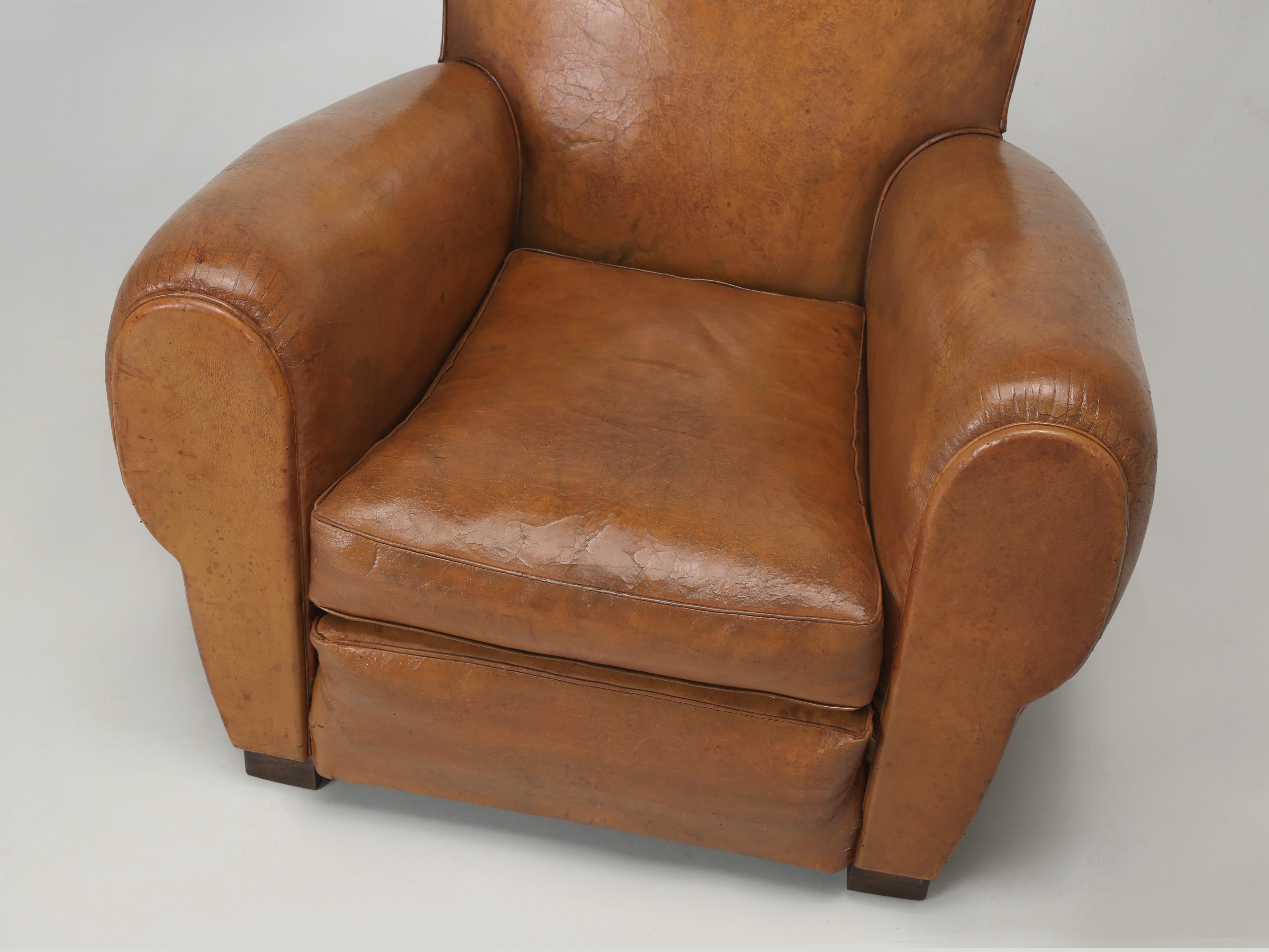 French Leather Club Chair Moustache Design Restored Internally Original Leather In Good Condition In Chicago, IL