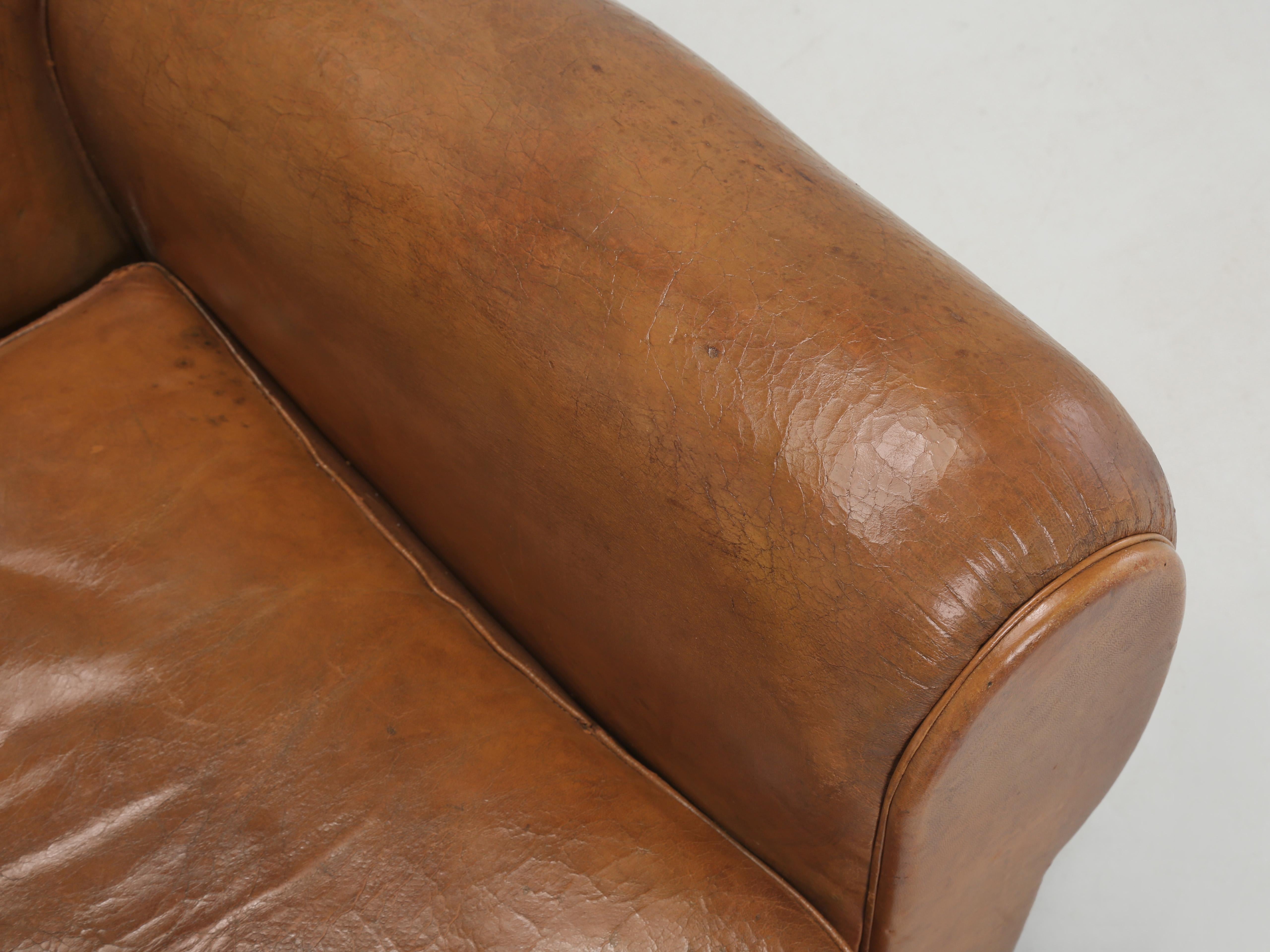 Mid-20th Century French Leather Club Chair Moustache Design Restored Internally Original Leather