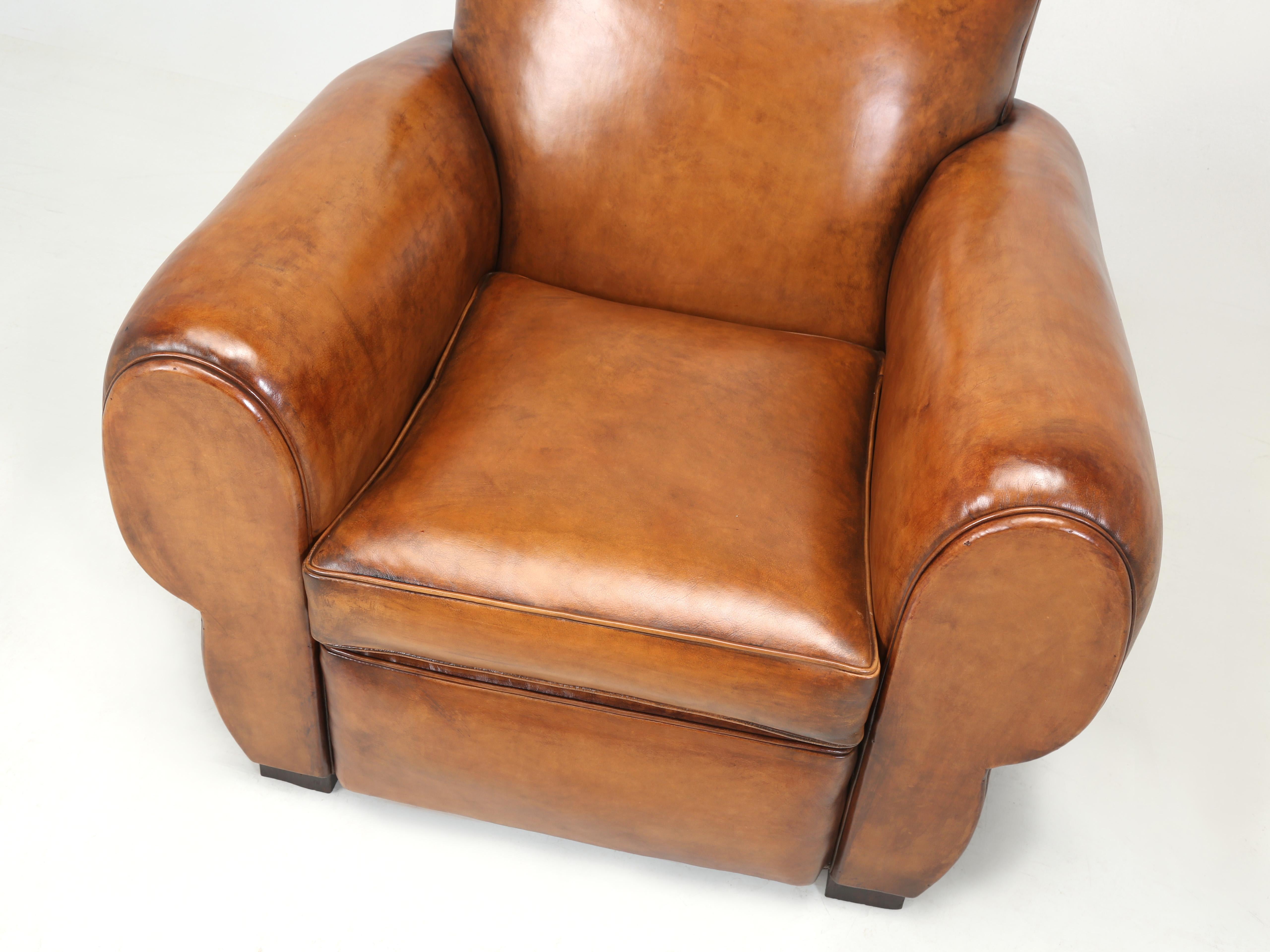 Art Deco French Leather Club Chair Restored from the Ground Up with Horsehair Padding For Sale