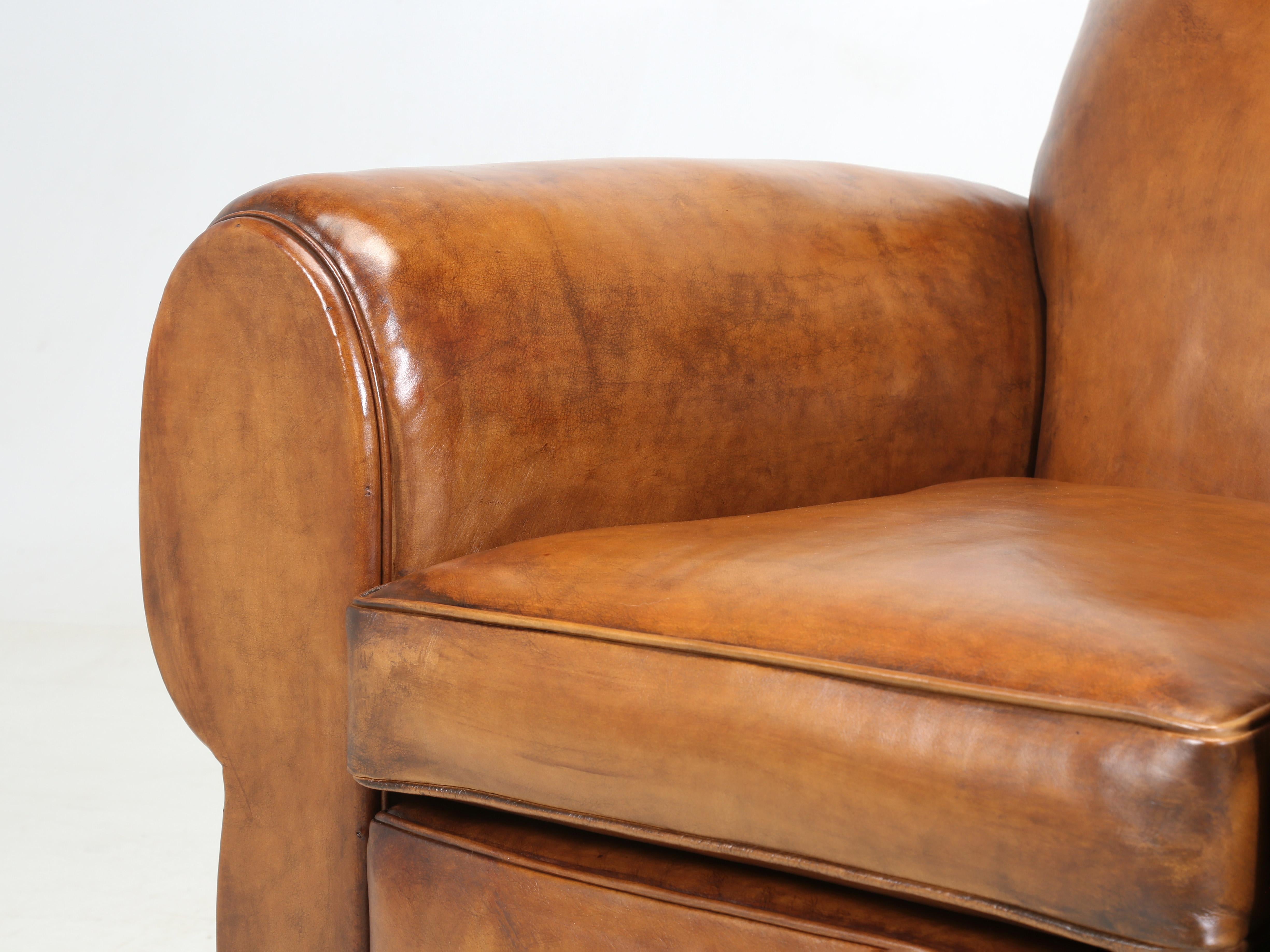 Mid-20th Century French Leather Club Chair Restored from the Ground Up with Horsehair Padding For Sale