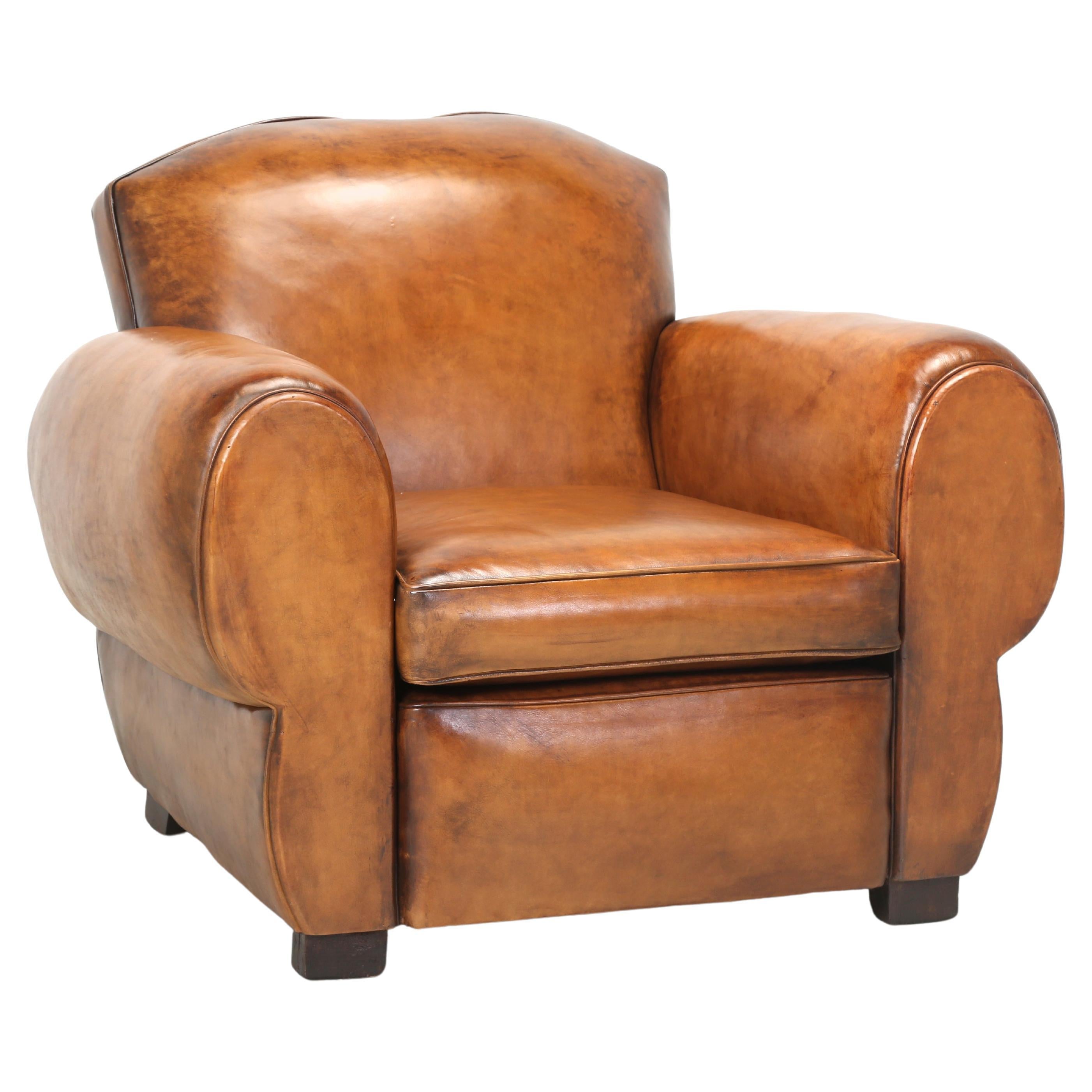 French Leather Club Chair Restored from the Ground Up with Horsehair Padding
