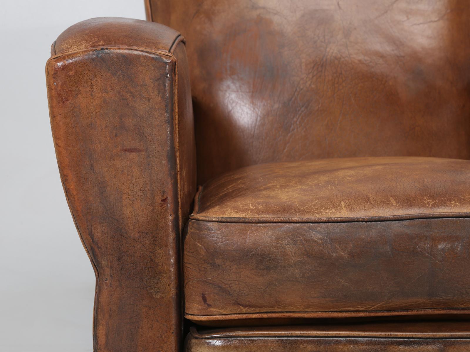 French Leather Club Chair Restored Internally, but Kept Cosmetically Original 4