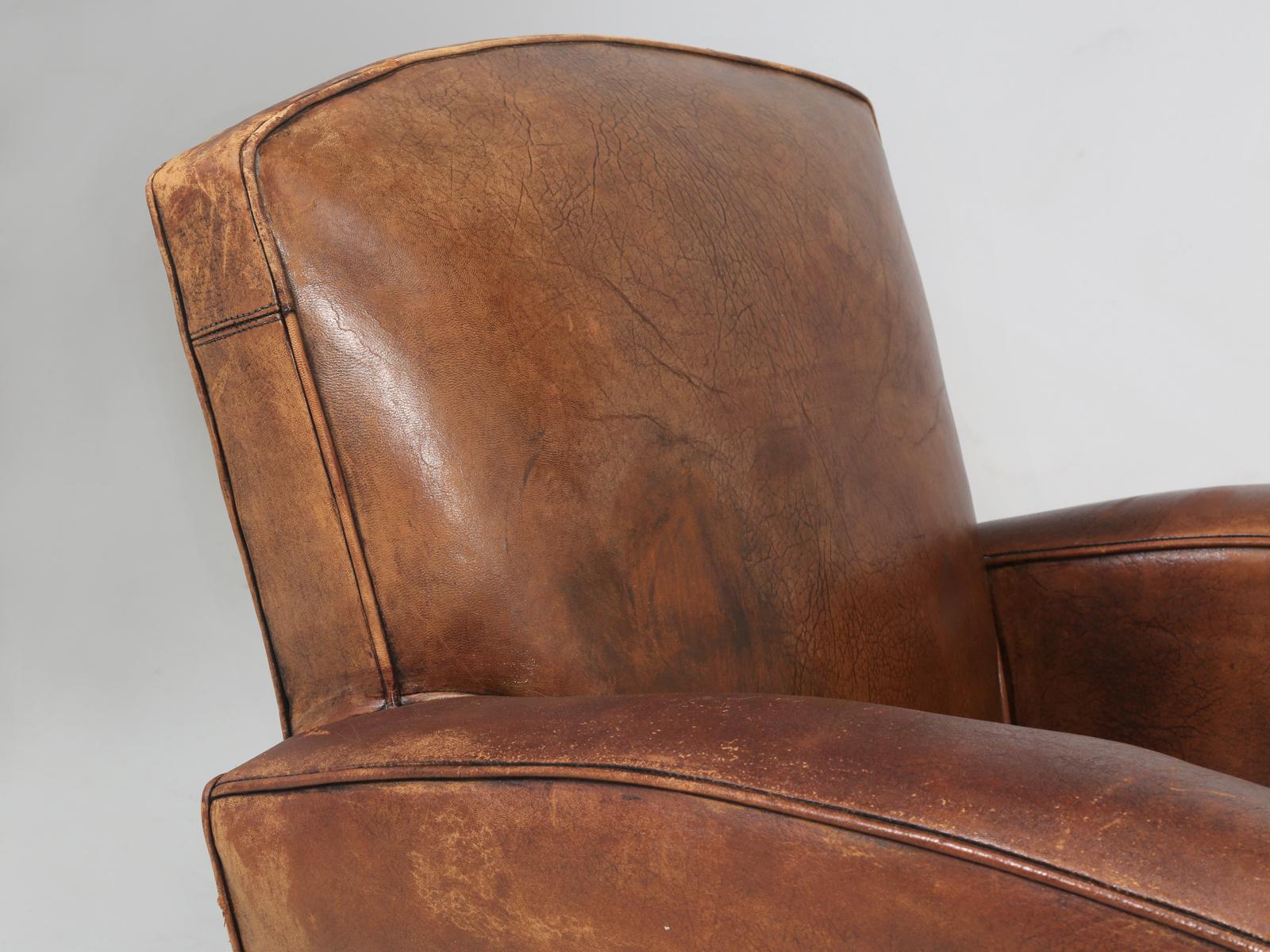 Art Deco French Leather Club Chair Restored Internally, but Kept Cosmetically Original