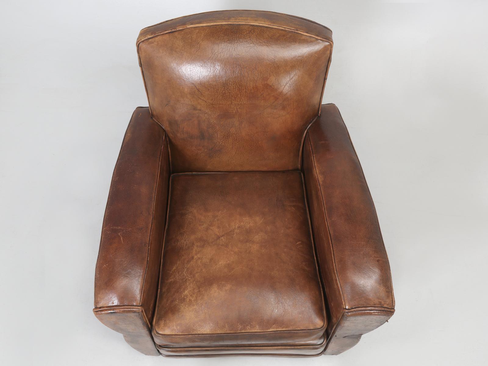 Hand-Crafted French Leather Club Chair Restored Internally, but Kept Cosmetically Original