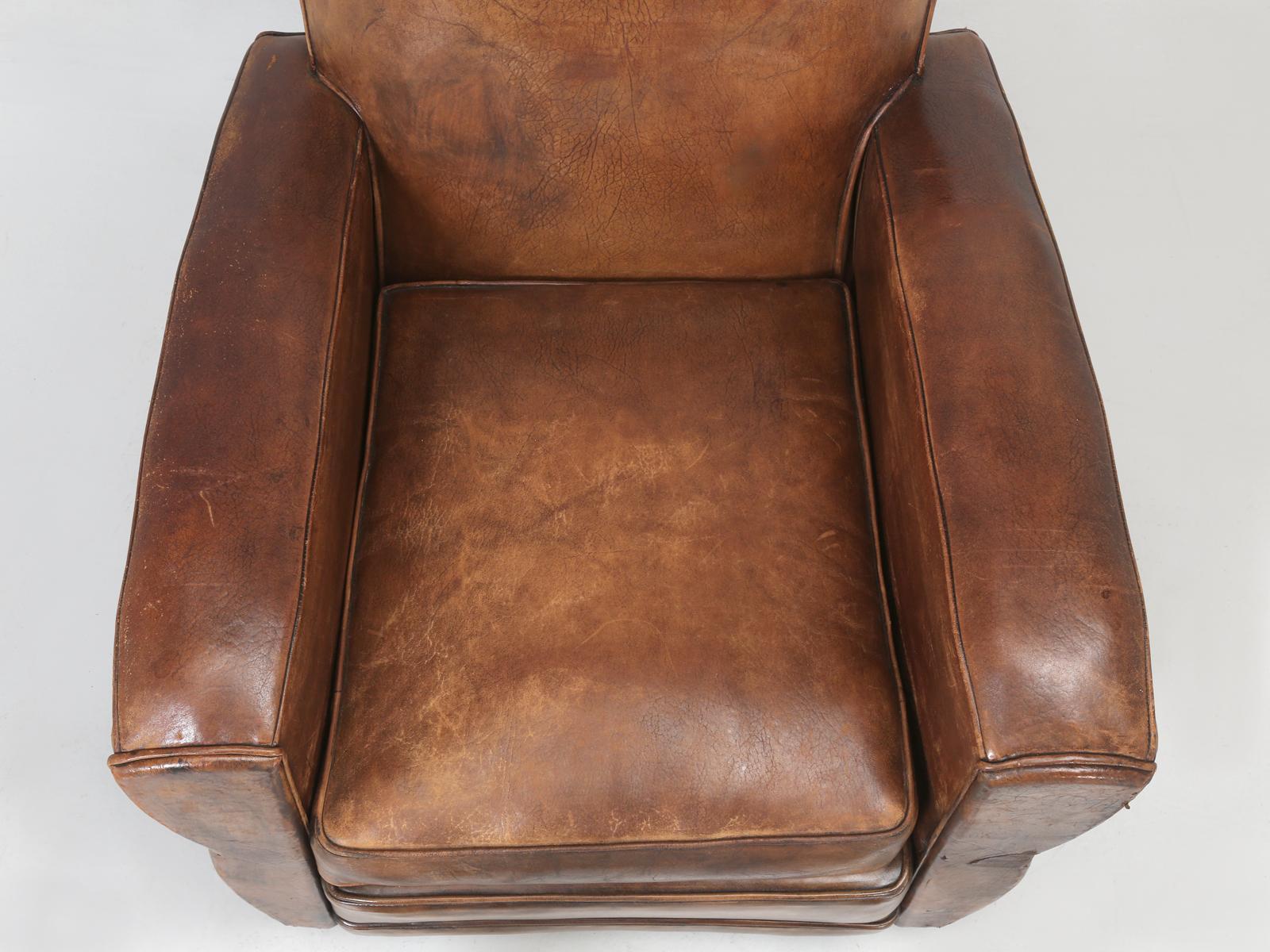 French Leather Club Chair Restored Internally, but Kept Cosmetically Original In Good Condition In Chicago, IL