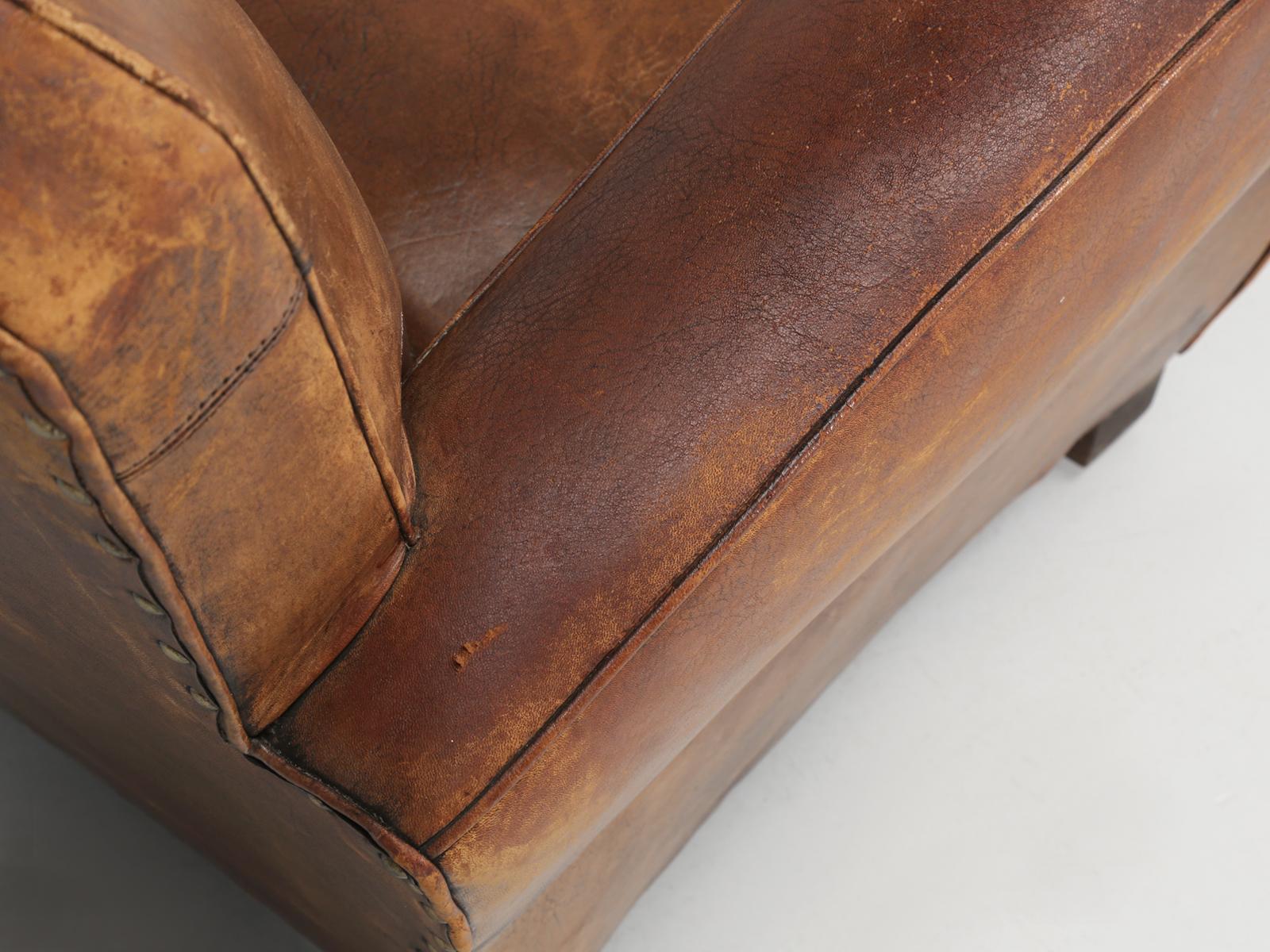 French Leather Club Chair Restored Internally, but Kept Cosmetically Original 2