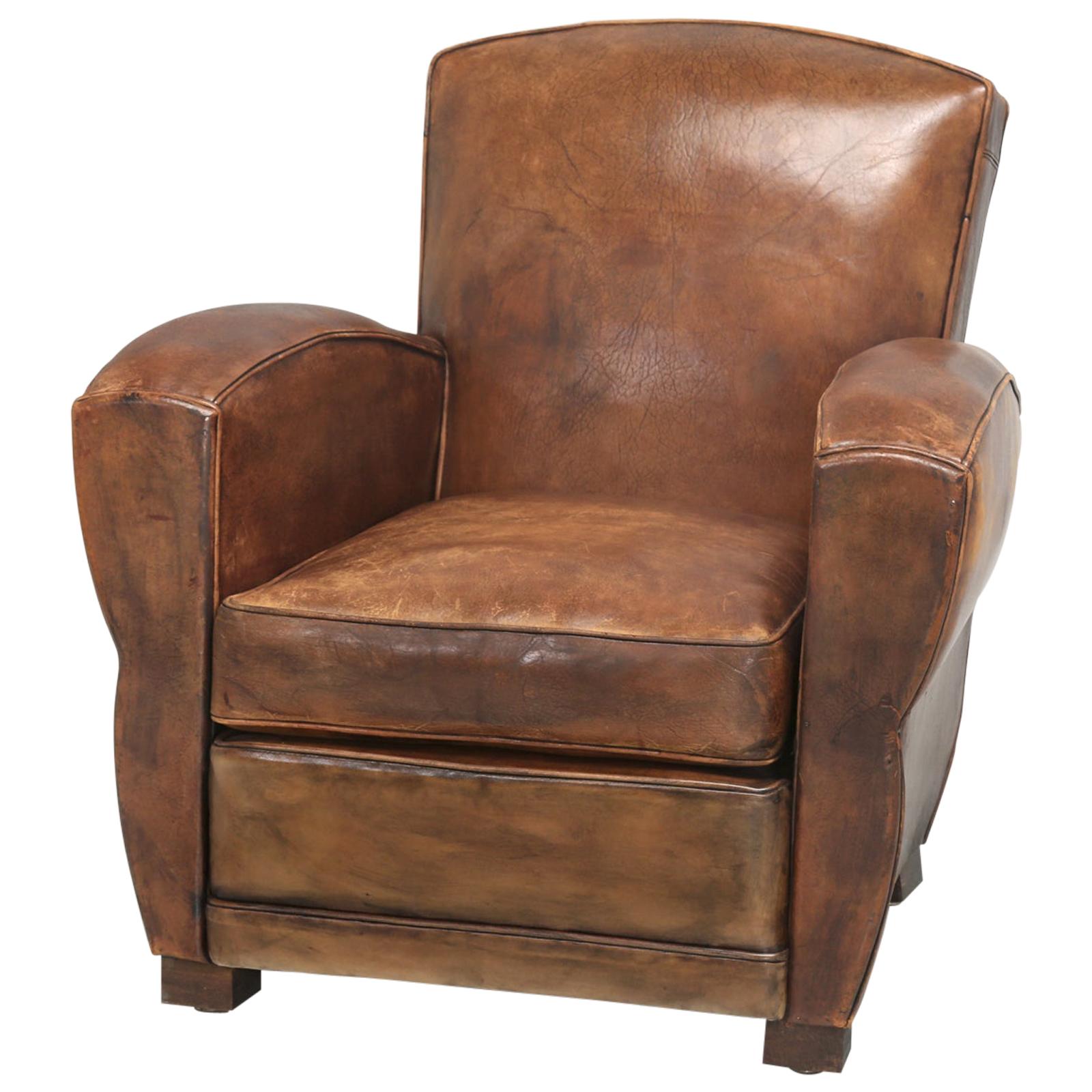 French Leather Club Chair Restored Internally, but Kept Cosmetically Original