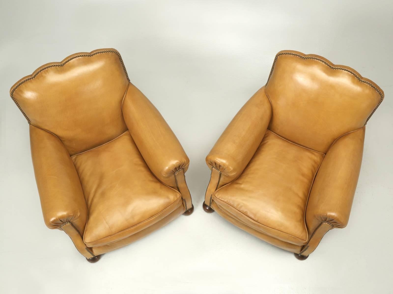 Art Deco French Leather Club Chairs, Completely Restored from the Bare Frame